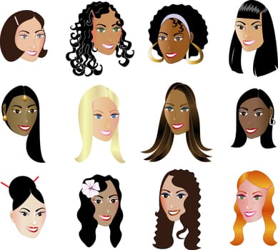 Illustration of 12 different women faces.