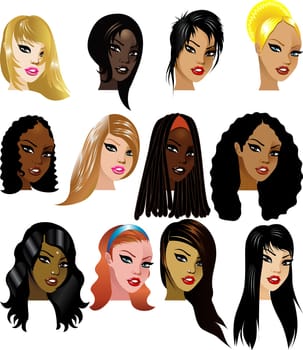 Vector Illustration of 12 Women Faces 3. Great for avatars, makeup, skin tones or hair styles of women.
