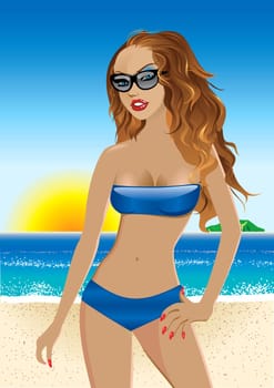 Vector Illustration of a blue bikini girl on the beach.