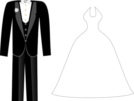 Vector Illustration of bridal gown and tuxedo.