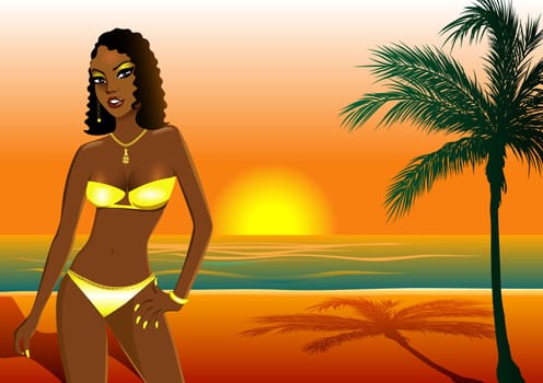 Vector Illustration of a woman in yellow swimsuit on beach during sunset/sunrise.