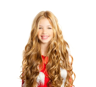 Kid little girl with christmas winter white fur and red shirt