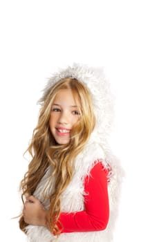 Kid little girl with christmas winter white fur and red shirt