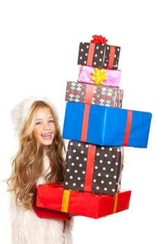 girl with christmas present gifts stacked on white background