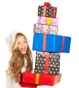 girl with christmas present gifts stacked on white background