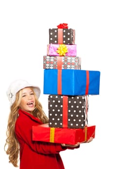 kid girl holding many gifts stacked on her hand isolated on white