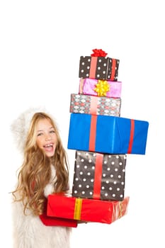 girl with christmas present gifts stacked on white background