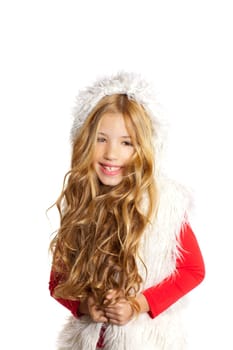 Kid little girl with christmas winter white fur and red shirt