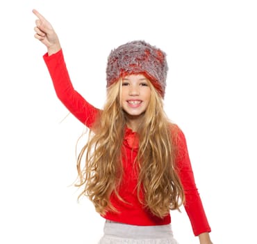 kid girl winter dancing with red shirt and fur hat on white background
