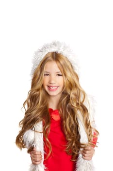 Kid little girl with christmas winter white fur and red shirt