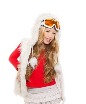 kid girl with snow winter glasses and white fur coat isolated background