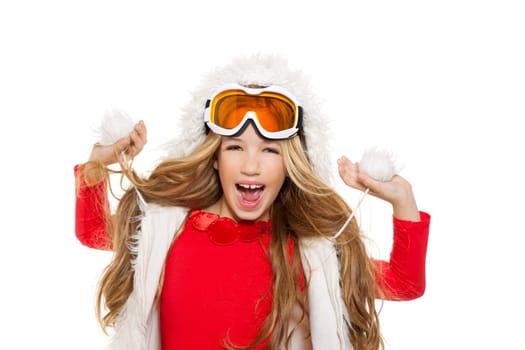 kid girl with snow winter glasses and white fur coat isolated background
