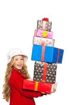 kid girl holding many gifts stacked on her hand isolated on white