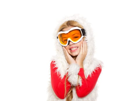 kid girl with snow winter glasses and white fur coat isolated background