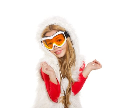 kid girl with snow winter glasses and white fur coat isolated background