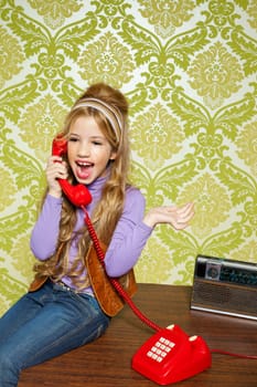 kid girl retro hip vintage talking busybody with red telephone