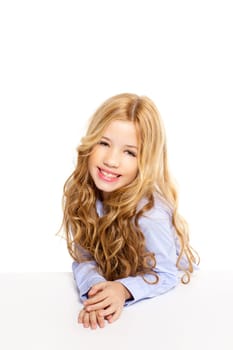 blond kid little student girl portrait smiling on a desk in white background