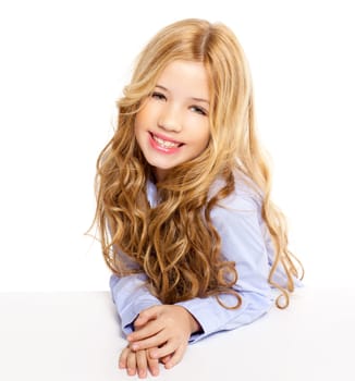 blond kid little student girl portrait smiling on a desk in white background