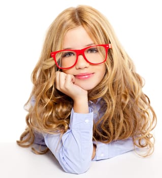 blond fashion kid girl with red glasses portrait isolated on white