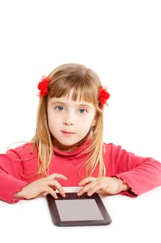 Blond kid little girl with ebook tablet pc portrait isolated on white