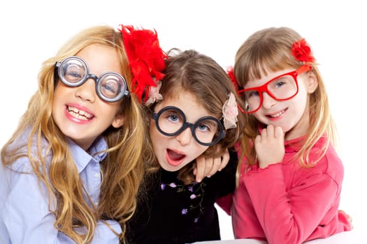 nerd children girl group with glasses and funny expression