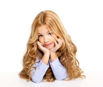 blond kid little student girl portrait smiling on a desk in white background