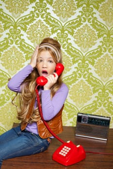 kid girl retro hip vintage talking busybody with red telephone