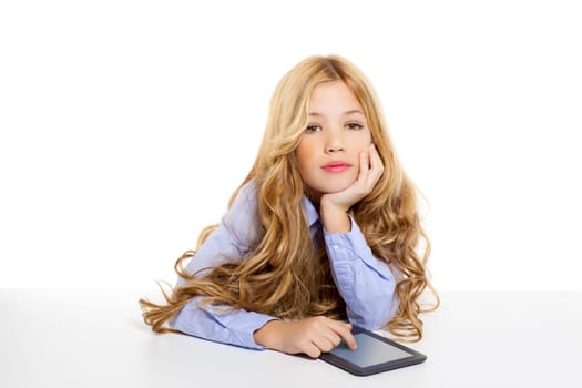 blond student kid with ebook tablet pc portrait in desk isolated on white background