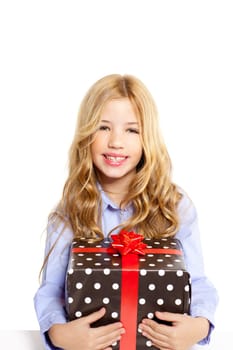 blond kid girl with present gift red ribbon box isolated on white