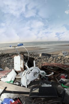 waste discarded and dumped on a beautiful scenic beach