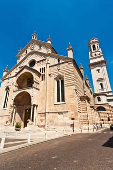 The facade of the catholic middle ages romanic cathedral  in Verona, the city of Romeo and Juliet, Italy