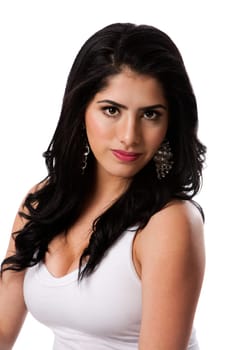 Beautiful face of a young brunette woman with brown eyes, full lips and wavy straight black hair, isolated.