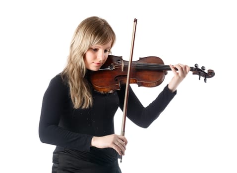 Portrait of young woman violinist. Isolated over white background.