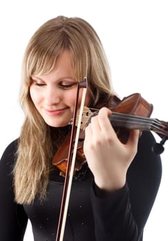 Portrait of young woman violinist. Isolated over white background.