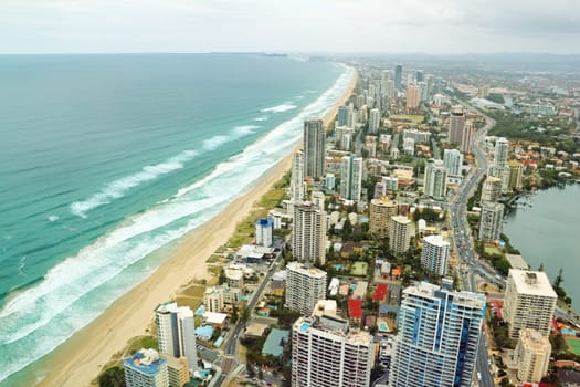 Aerial view of the famed Gold Coast in Queensland Australia looking from Surfers Paradise down to Coolangatta.