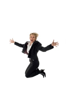 business women success expression jump on white