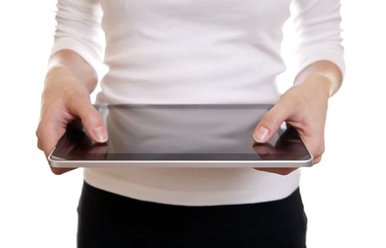 Woman using a digital tablet on white
