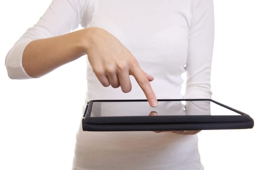 Woman using a digital tablet on white