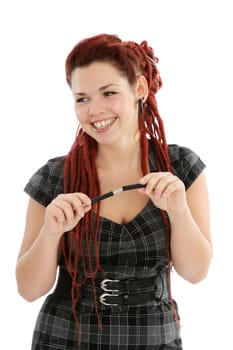 Modern beautiful red-haired secretary with pen isolated on white background