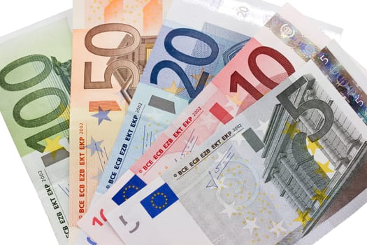 Close-up of the fan of 5, 10, 20, 50, 100, Euro banknotes on white background