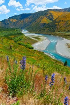Scenic view of Maruia River from Lewis Pass in New Zealand
