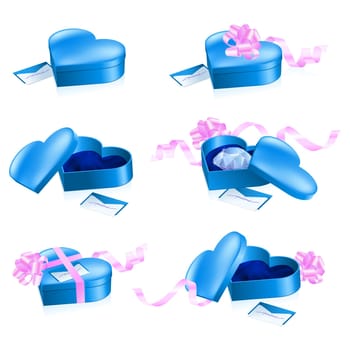 Set of blue boxes in heart shape. Illustration on white background.
