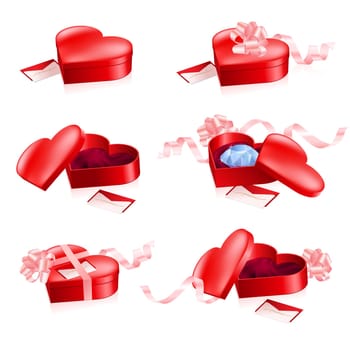 Set of Red boxes in heart shape. Illustration on white background.