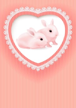 Greeting Card. Two Rabbits in a Heart on Pink background.