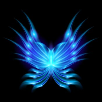Blue Flying butterfly with fiery wings. Abstract Illustration on black background