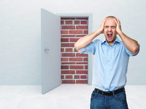 stressed man and closed door