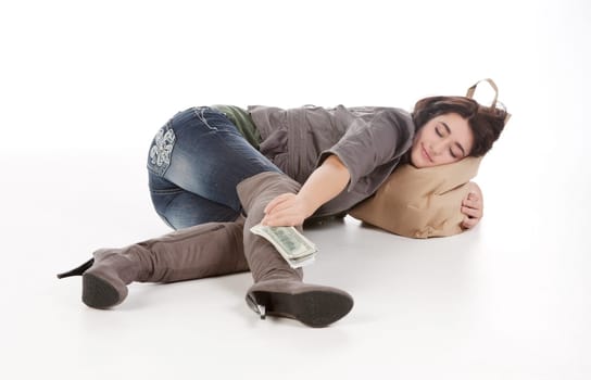 beautiful young teenage woman with shopping bag and cash