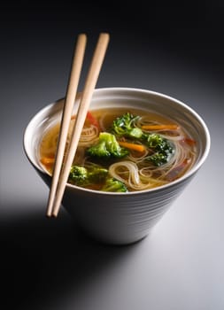 Fresh asian vegetable soup with noodles close up