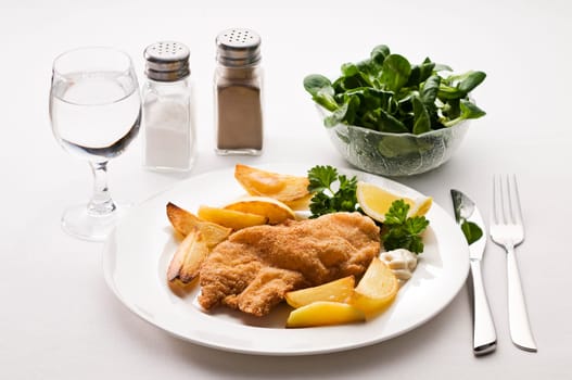 Fried steak with potatoes close up shoot