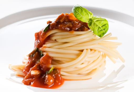 Pasta with tomato sauce and basil close up